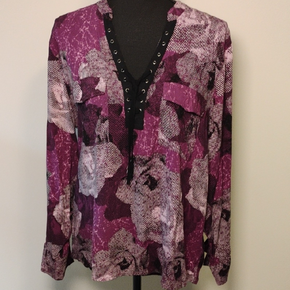Rock & Republic Lace-Up Floral Blouse - Purple Black